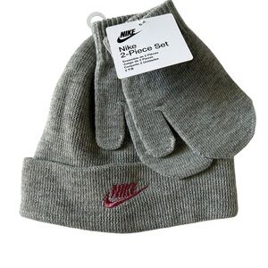 Nike Pink Logo Gray Beanie and Mittens 2 Piece Set